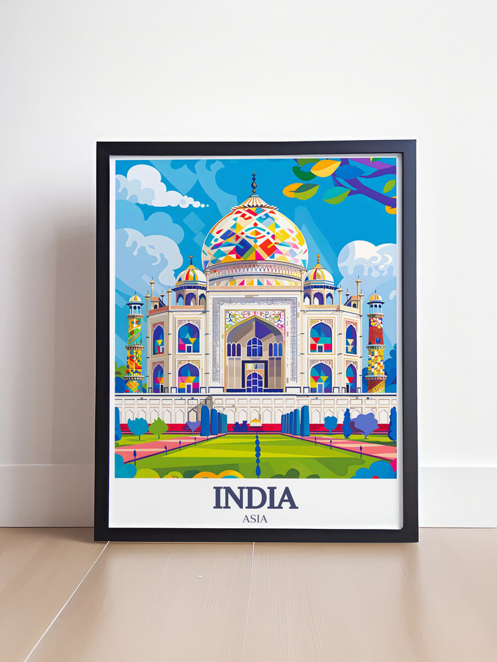 A stunning portrayal of the Taj Mahal in Agra, India, this travel print combines vintage style with modern design elements. Perfect for adding character to your walls, this artwork is an excellent gift for travelers and art enthusiasts alike.