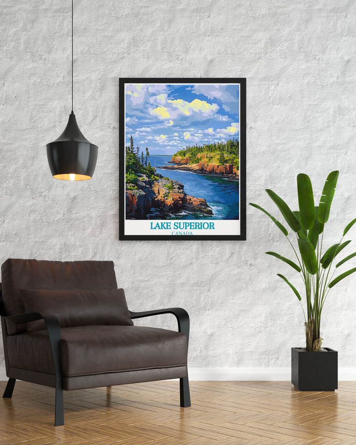 The powerful and serene presence of Lake Superiors shores illustrated in a vibrant art print, perfect for any nature lovers collection.