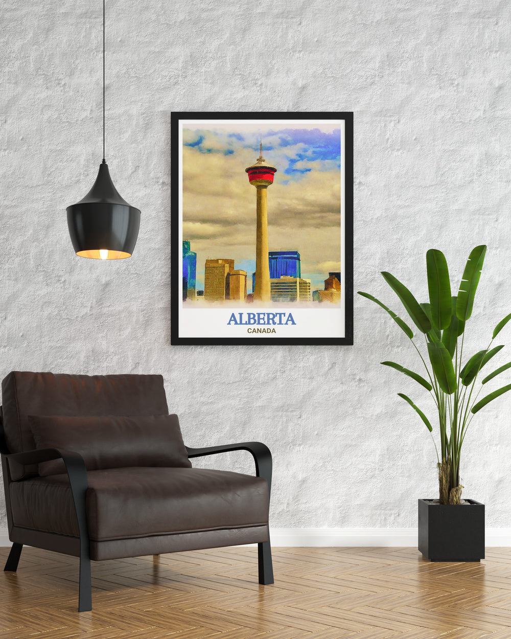 Detailed illustration of Calgary Tower, highlighting the intricate design and vibrant city life of Calgary. A beautiful addition to any wall and a reminder of Alberta's innovation.