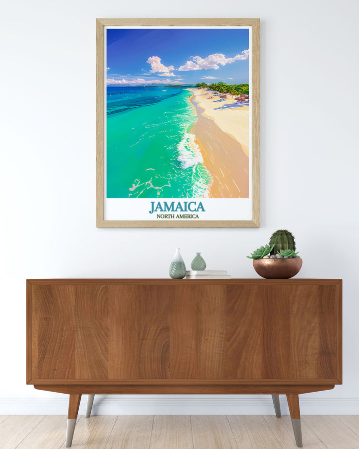 The vibrant colors and intricate details of Seven Mile Beachs natural landscape are beautifully captured in this poster, celebrating Jamaicas coastal wonders.