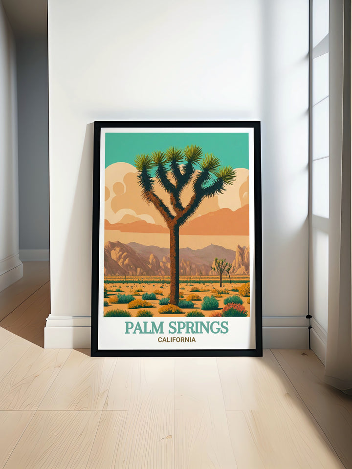 Scenic poster of Palm Springs featuring the Yellow Hotel and Joshua Tree National Park, showcasing the picturesque views and lively atmosphere. This artwork is perfect for adding a touch of Palm Springs charm to your home decor, making it a great choice for anyone who appreciates fine art and travel.