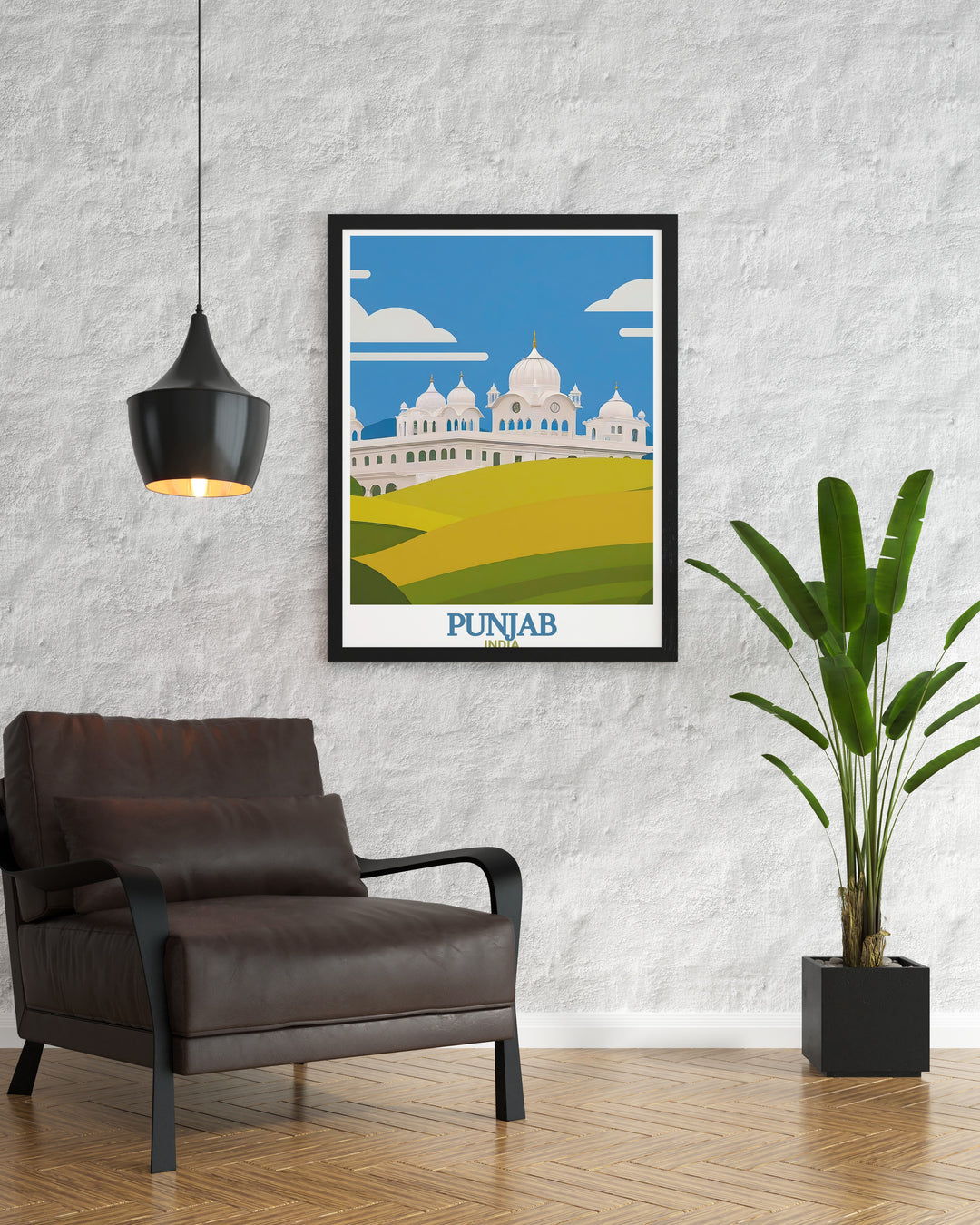 This Anandpur Sahib travel poster showcases the beauty of Punjab. The colors and design of this artwork make it an eye catching piece for anyone who loves Indian culture.