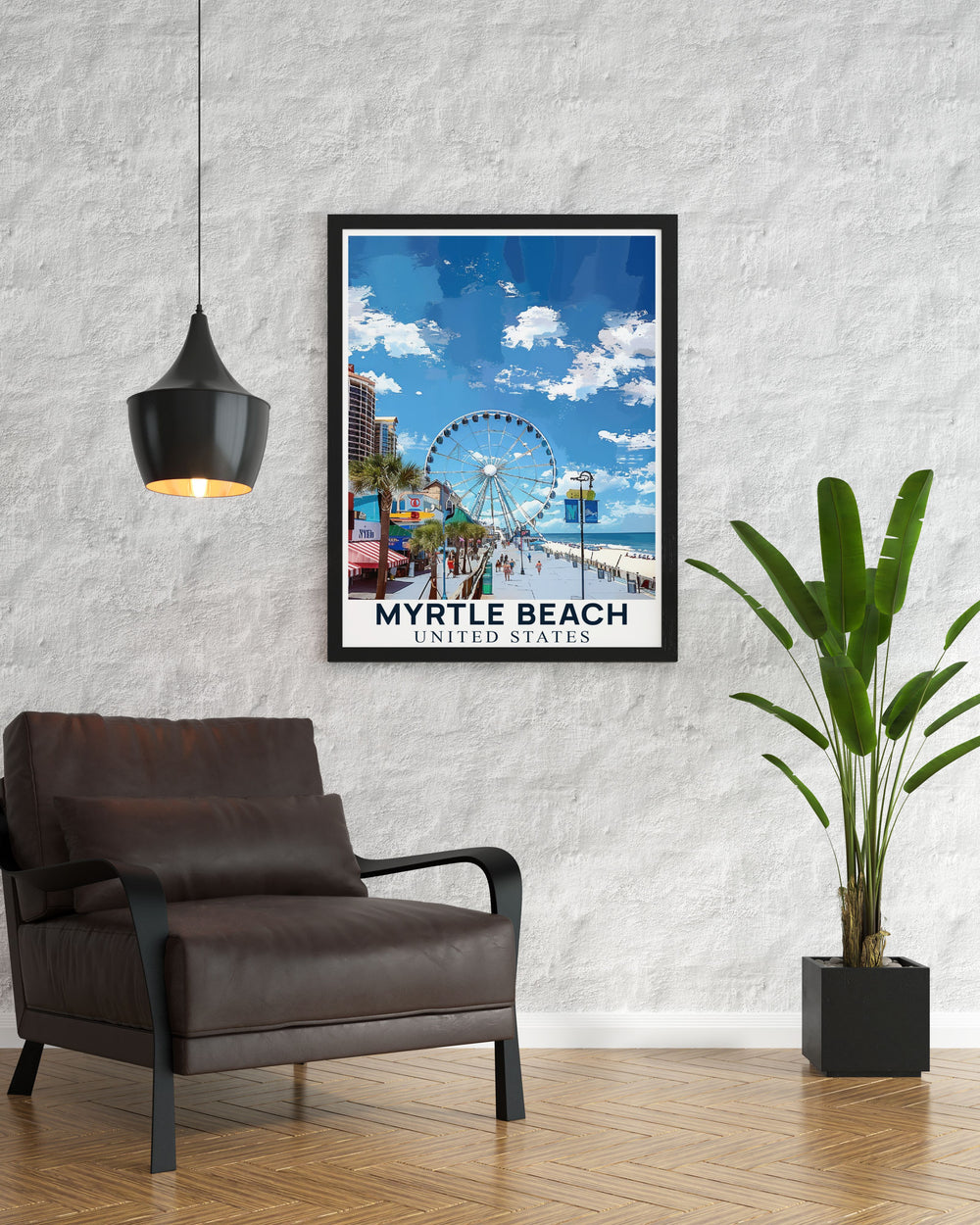 Elegant Myrtle Beach Art showcasing the beauty of the coastal city boardwalk with botanical garden elements ideal for modern decor