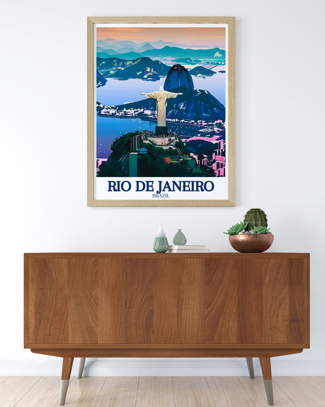 Vintage Rio De Janeiro poster featuring the timeless beauty of Sugarloaf Mountain and Christ the Redeemer. This custom print offers a nostalgic look at one of the worlds most beloved travel destinations.