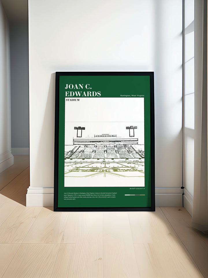 Joan C Edwards Stadium poster print showcases Marshall Football action making it perfect for any sports fans home decor. This Marshall art print brings the energy of NCAA football and the Thundering Herd into any room adding a sporty touch to your space.