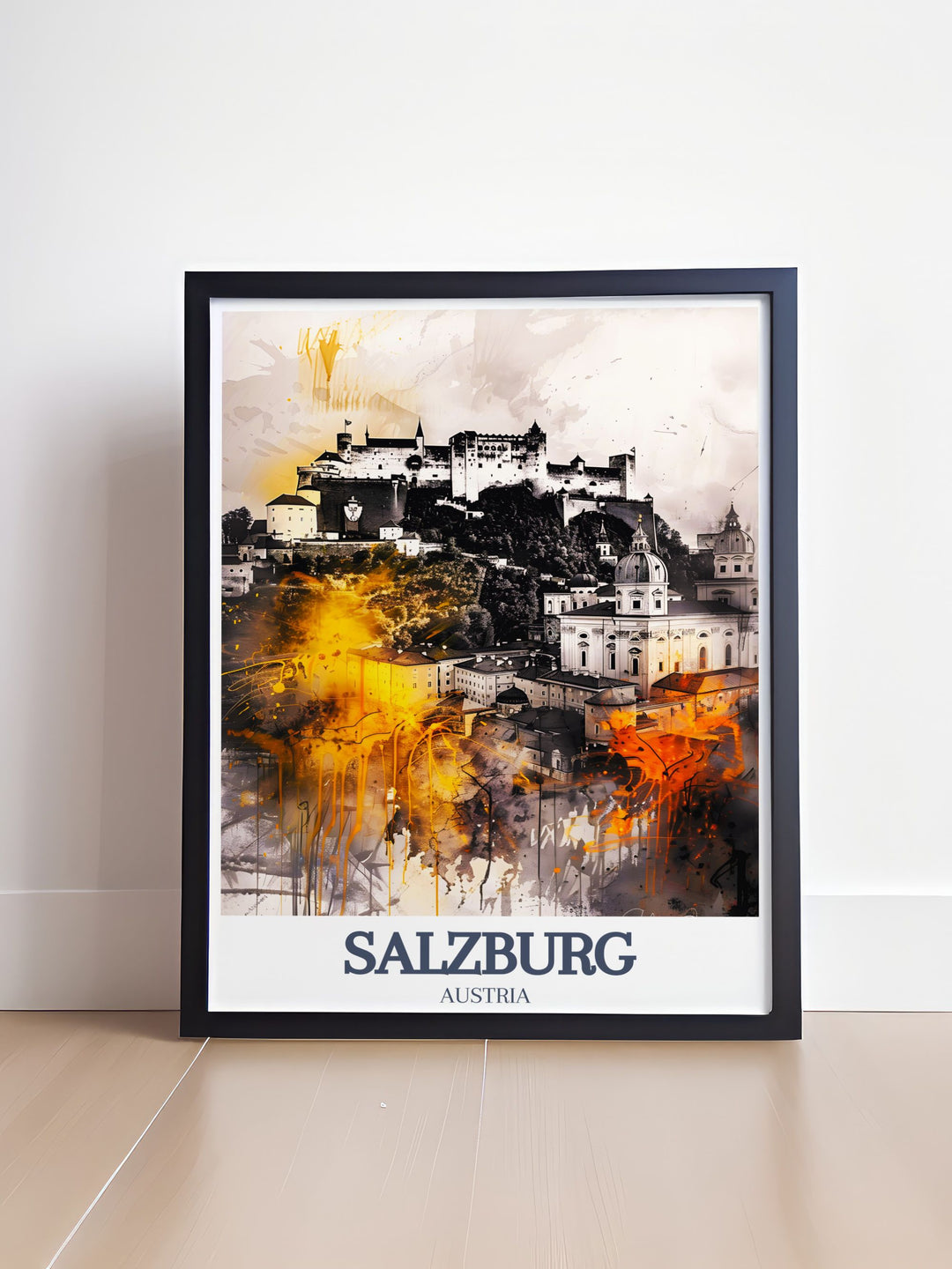 Salzburg travel print with a fine line depiction of Hohensalzburg Fortress and Mirabell Palace. This Salzburg city map adds character and charm to any room. A stunning piece for Salzburg decor enthusiasts and perfect for gifts or personal collections.