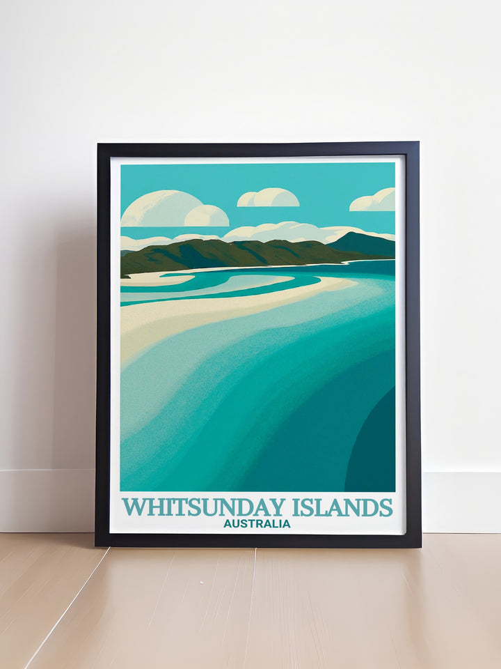 Hill Inlet travel print showcasing the breathtaking scenery of the Whitsunday Islands ideal for creating an elegant and serene atmosphere in your home perfect for nature lover gift and beach wall art enthusiasts.