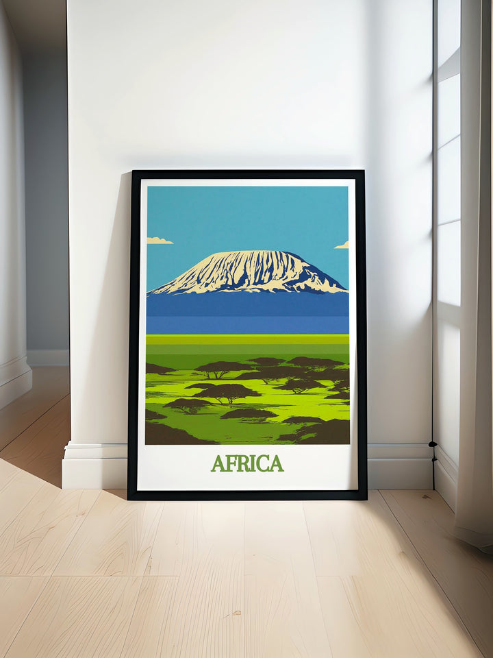 Uganda Travel Poster showcasing the breathtaking Bwindi Impenetrable Forest and the majestic Mountain Gorilla ideal for adding a touch of wilderness to your space combined with the grandeur of Mount Kilimanjaro