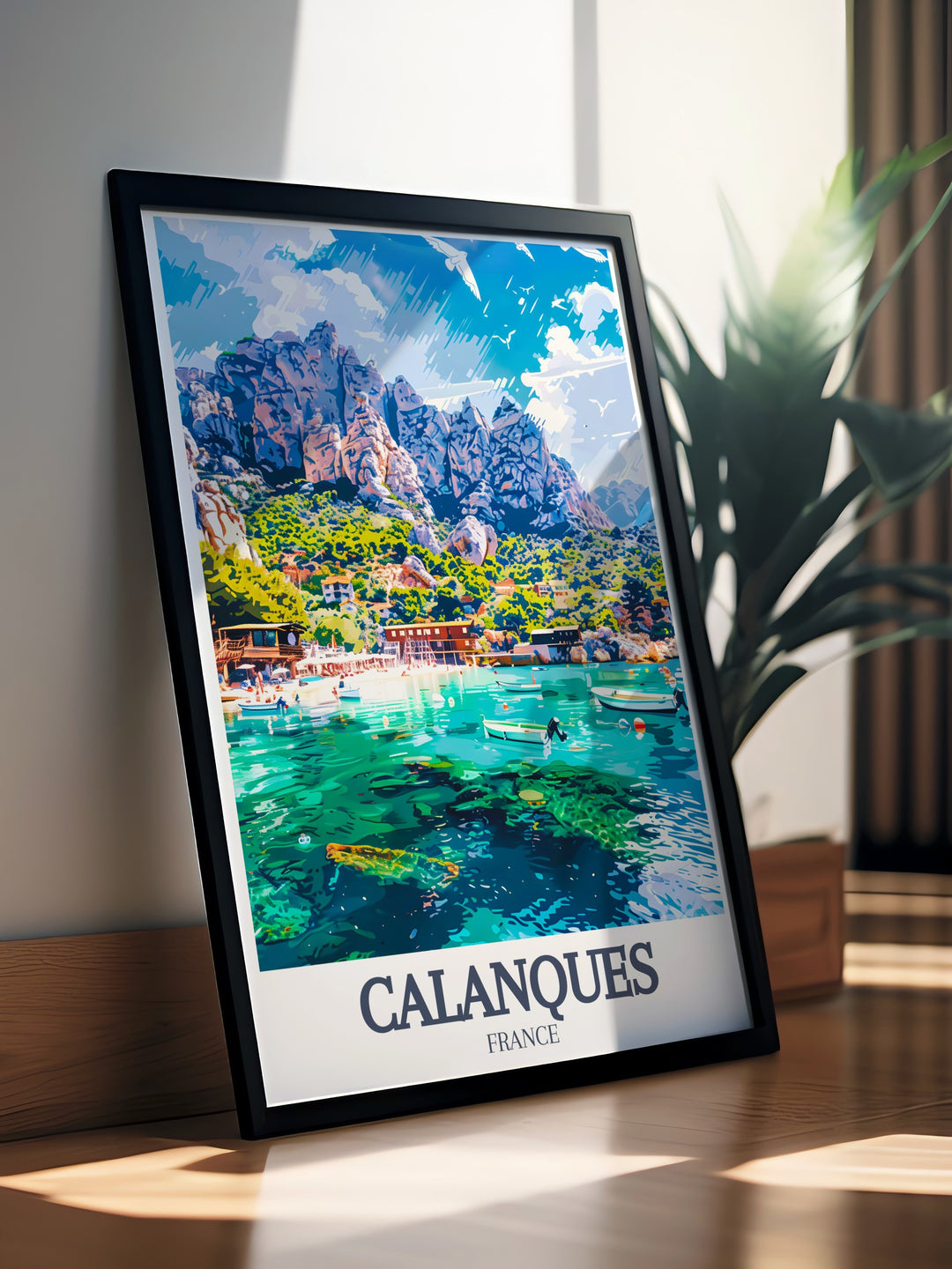 Mediterranean decor featuring Calanque dEnVau and Calanque de Sormiou prints offers a peaceful yet vibrant visual of the southern coast of France ideal for those looking to add elegant Marseille wall art to their home.