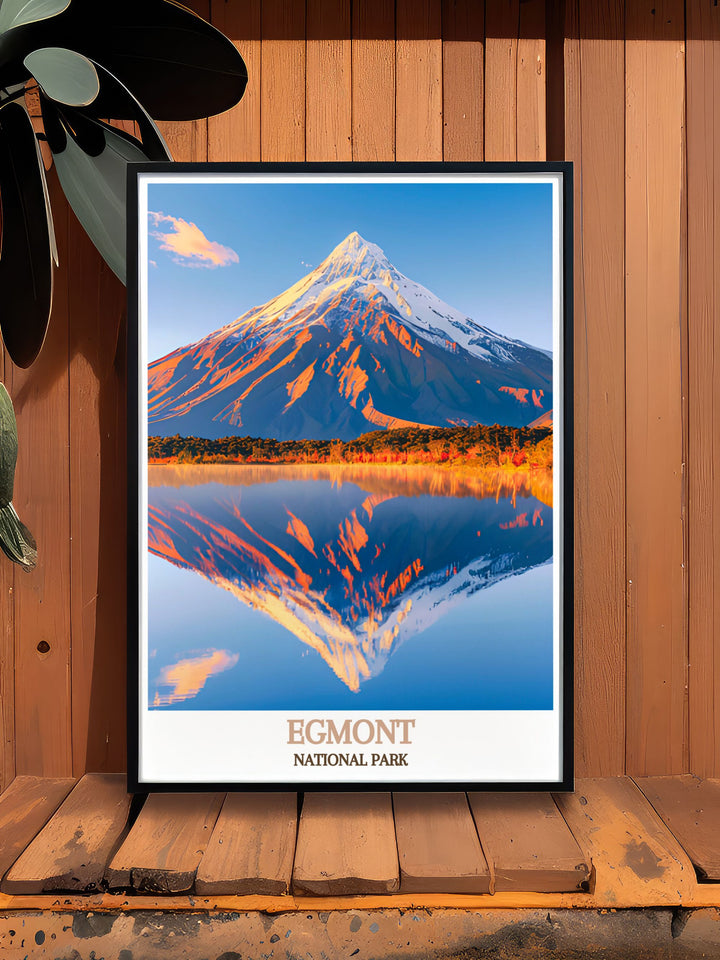 Travel art of Mount Taranaki, highlighting the dramatic volcanic landscapes and serene beauty of this iconic New Zealand landmark.