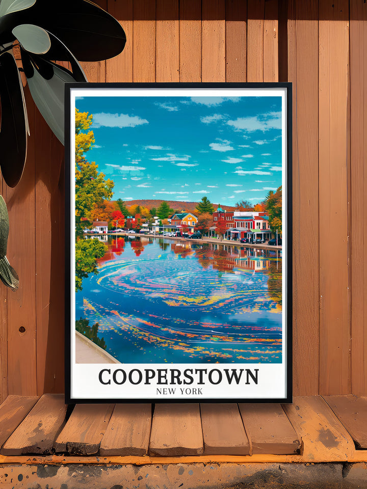 Capture the serene beauty of Otsego Lake and the quaint charm of Cooperstown in this detailed travel print. Ideal for home decor, it brings the peacefulness of the lake into your living space.