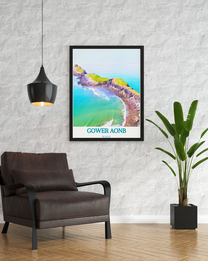 Beautiful Rhossili Bay and Worms Head print offering a glimpse into the stunning landscapes of the Welsh coastline ideal for elegant home decor