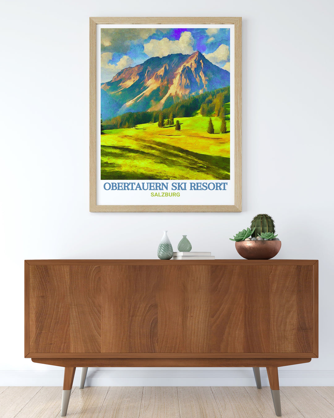 Immerse yourself in the beauty of Obertauern Ski Resort with this stunning travel print featuring the snow covered slopes and the towering Seekarspitz Mountain. This artwork, perfect for winter sports lovers, showcases the breathtaking alpine scenery, making it an excellent addition to your home décor.