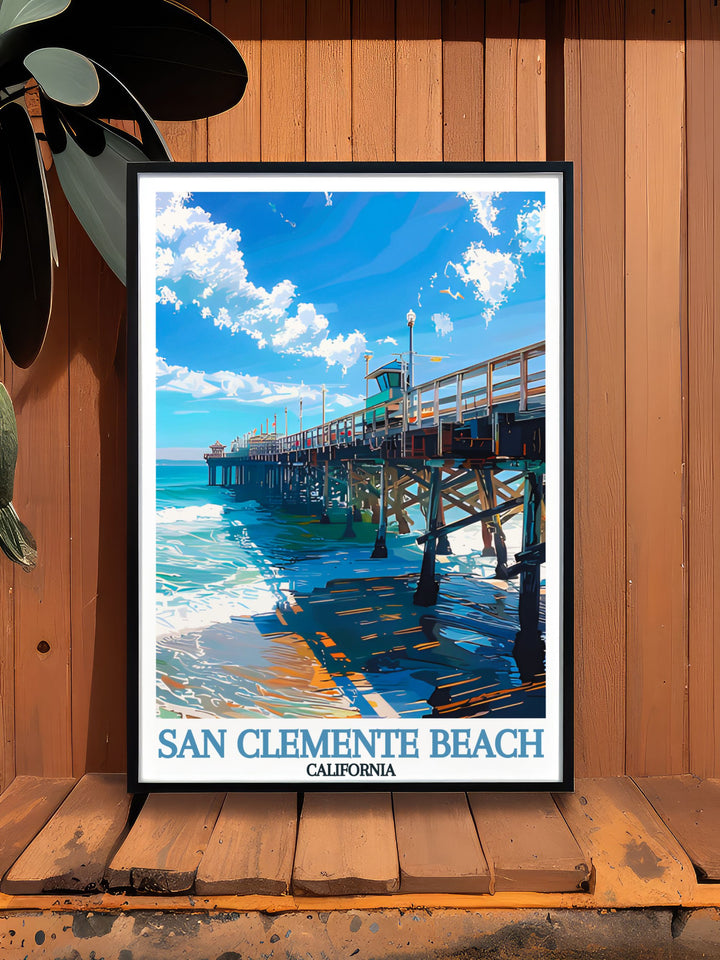 This San Clemente Beach Wall Poster highlights the tranquil beauty of Californias coastline, with a detailed illustration of the pier and surrounding beach. Ideal for adding a coastal touch to your decor, this artwork is perfect for any lover of the Pacific Ocean.