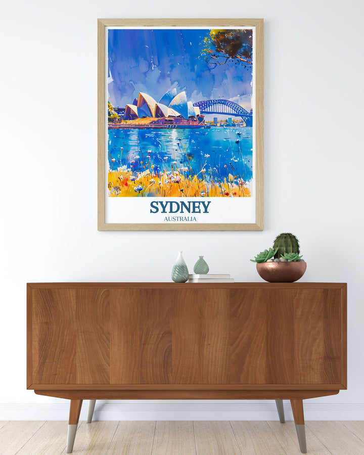 Captivating Sydney Opera House and Sydney Harbour Bridge print with detailed artwork that highlights the elegance and charm of Sydney a perfect framed print for enhancing your home decor or as a special gift