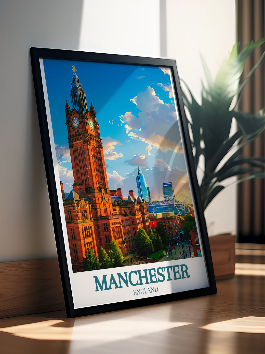 Manchester town hall and Old Trafford stadium artwork highlighting the beauty and grandeur of the citys most famous landmarks perfect for art lovers and collectors who value detailed craftsmanship.