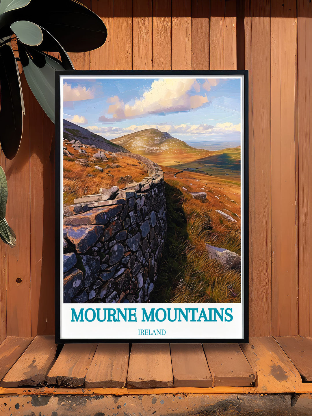 Featuring the iconic peaks and historic wall of the Mourne Mountains, this poster showcases the regions inviting landscapes and rich history, perfect for those who cherish natural and cultural destinations.