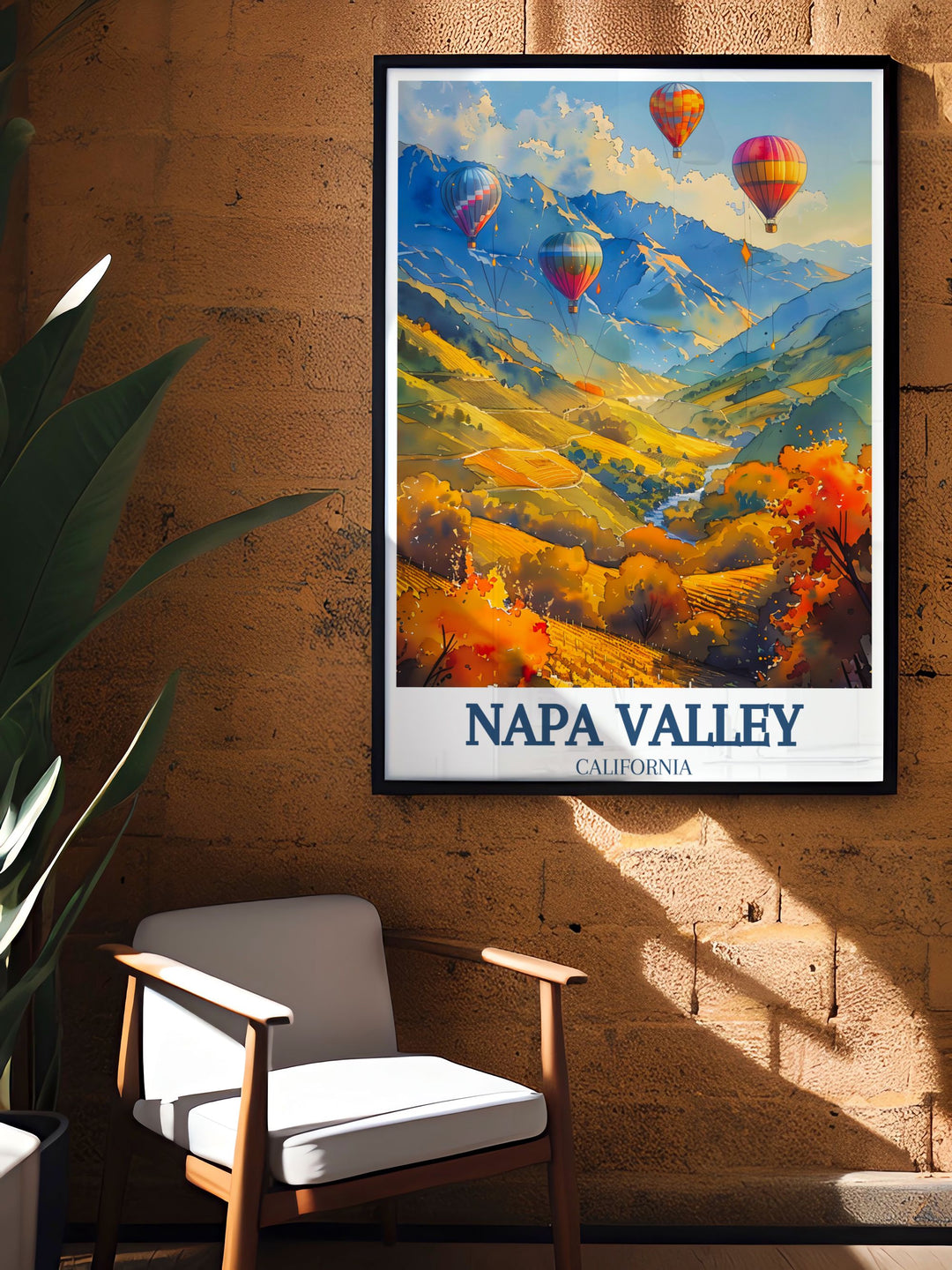 Fine Line Print of Napa Valley with the beautiful Napa River and colorful hot air balloon rides framed by the Mayacamas and Vaca mountain ranges a perfect gift for various occasions