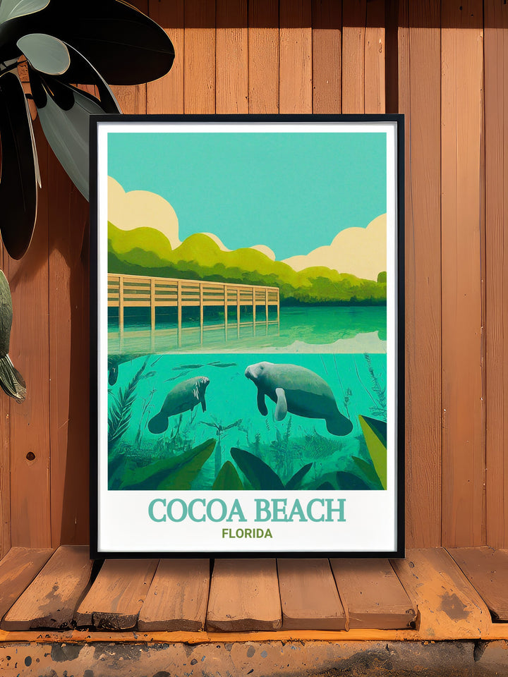 Vintage style poster of Cocoa Beachs Manatee Sanctuary Park, capturing the parks blend of natural beauty and recreational spaces. This print is perfect for those who want to bring a touch of Floridas rich coastal heritage into their home decor.