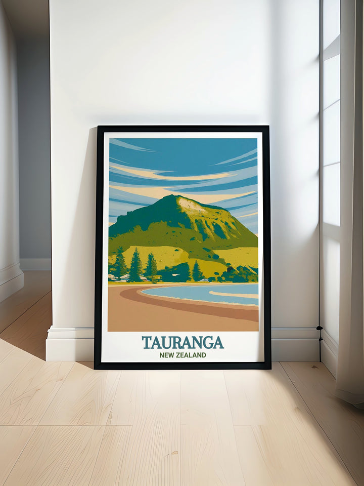 New Zealand print featuring Mount Maunganui captures the beauty of Tauranga perfect for anyone who loves New Zealand travel and wants to bring the coastal charm into their home