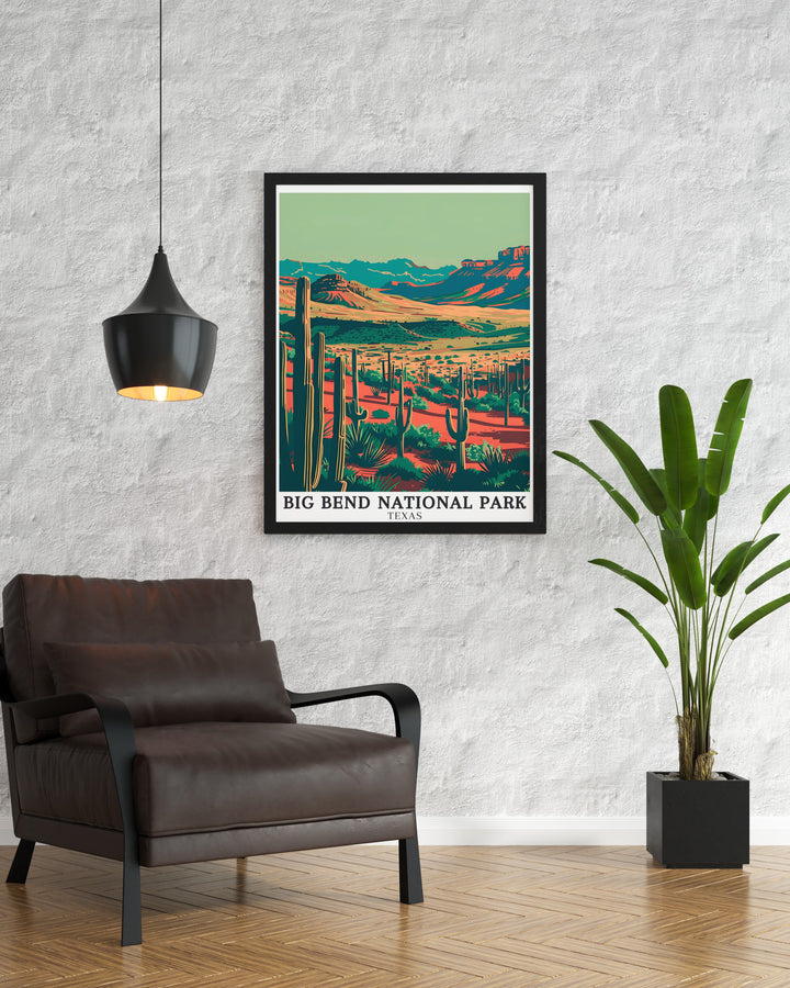 Vintage travel print of Big Bend Texas USA showcasing the Chihuahuan Desert and Chisos Mountains makes this National Park Poster an ideal gift for outdoor enthusiasts and those who love the beauty of nature in their living spaces