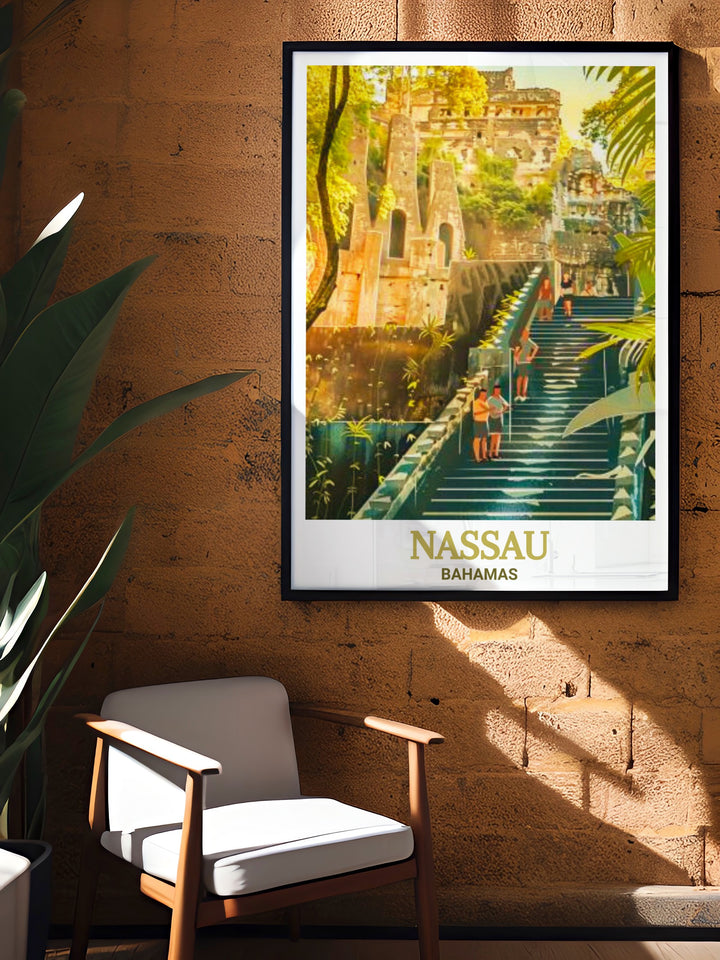 Queens Staircase Travel Print from Nassau, a striking art piece that highlights one of the Bahamas most famous landmarks. The staircase, carved by enslaved people, serves as a symbol of endurance. This artwork is a beautiful blend of historical significance and tropical elegance.