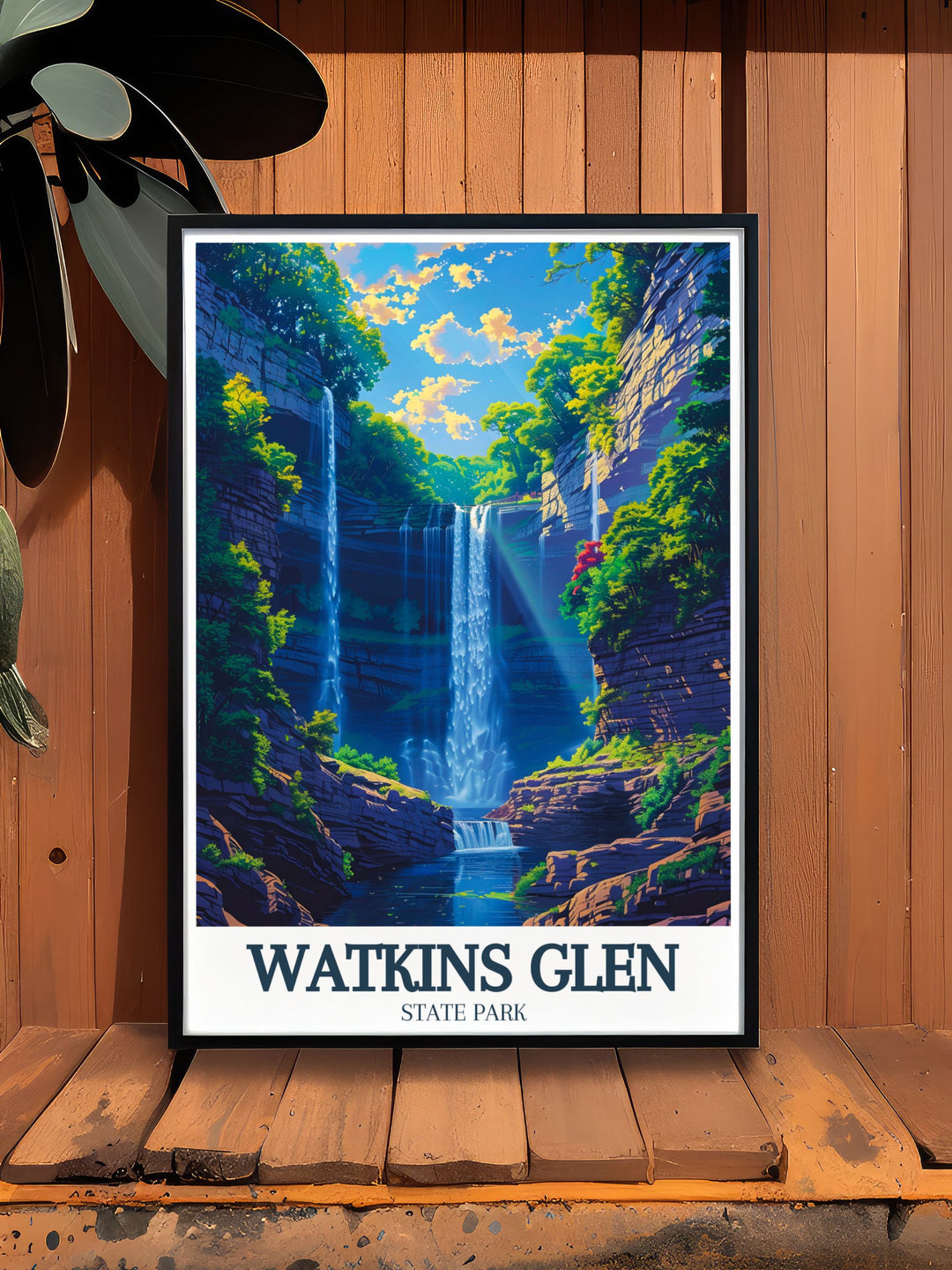 This fine art print of Watkins Glen State Park features the picturesque waterfalls and lush greenery, offering a glimpse into the parks serene landscapes and natural beauty. A wonderful piece for adding a touch of New Yorks outdoor charm to your home, it celebrates the parks role as a peaceful retreat and a geological landmark in the state.