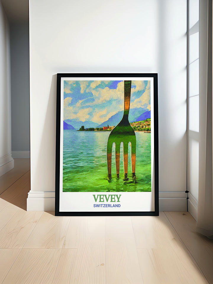 Vevey poster print highlighting the serene landscapes of Lake Geneva. This Switzerland travel print is perfect for anyone who enjoys the Swiss Riviera and wants to bring the calming beauty of Switzerland into their home.