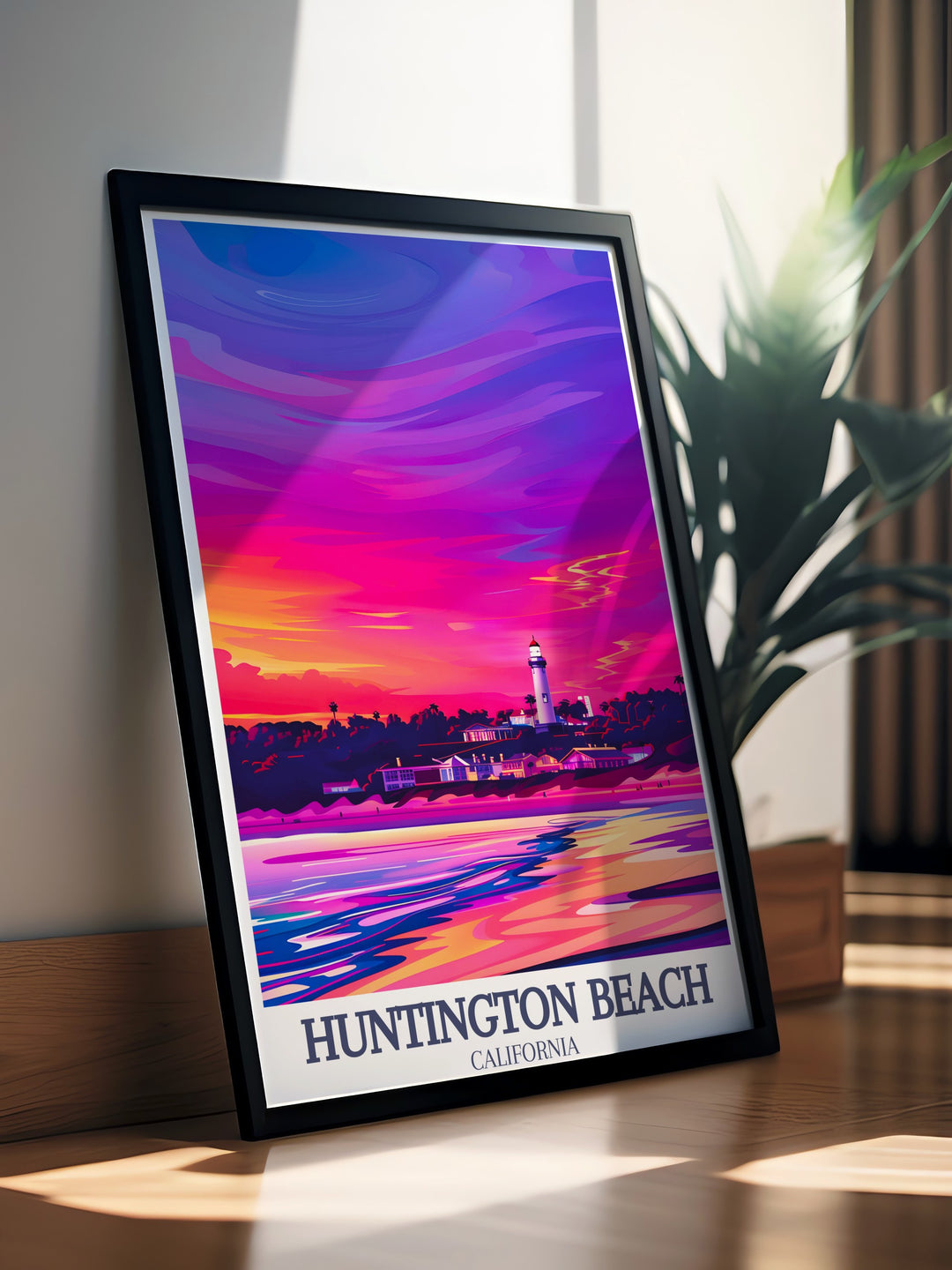 Huntington Beach and its famous lighthouse come to life in this framed wall art, offering a serene view of Huntington State Beach. The soft colors and vintage style make it the perfect gift for anyone who loves Californias coast.