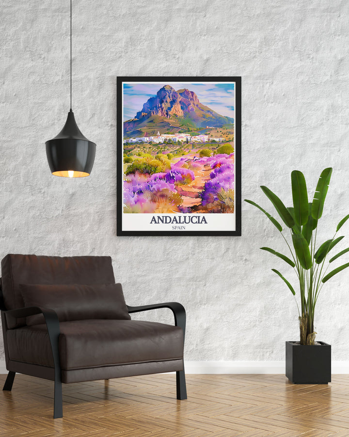 Experience the charm of Zahara de la Sierra with this art print, showcasing the white washed houses and the majestic Andalucia hills. Perfect for adding a touch of Spanish beauty to your decor.