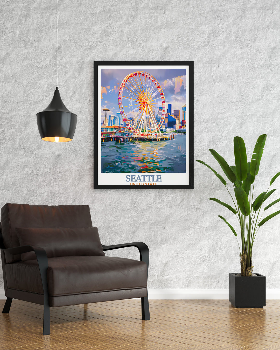 A captivating travel print of Seattles Great Wheel, set against the citys waterfront. This art piece is perfect for fans of the Pacific Northwest and makes an excellent gift for any occasion.