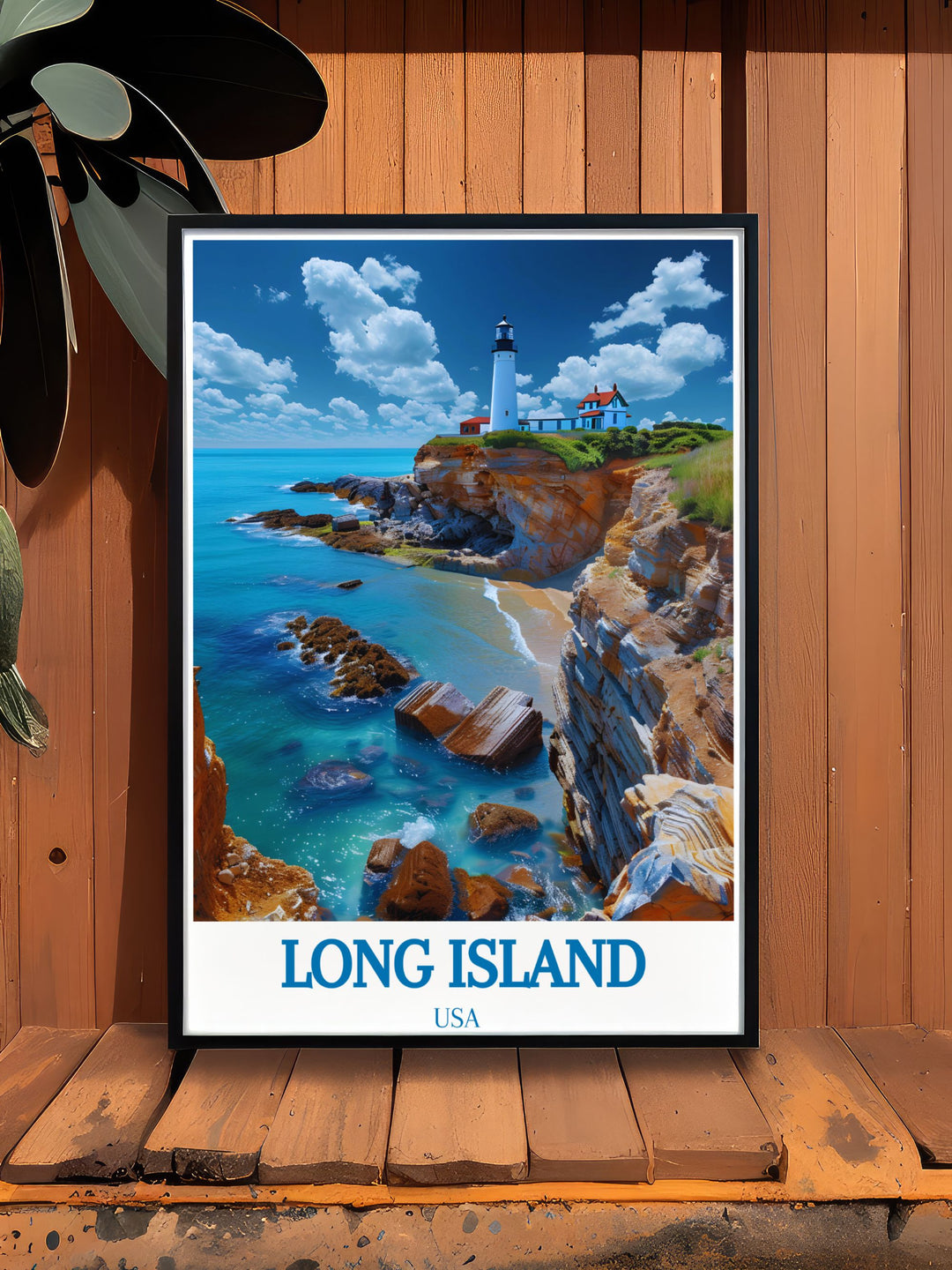Bring the majestic beauty of Montauk Point Lighthouse into your home with this travel poster, capturing its historical significance and coastal charm, ideal for any lighthouse enthusiast.