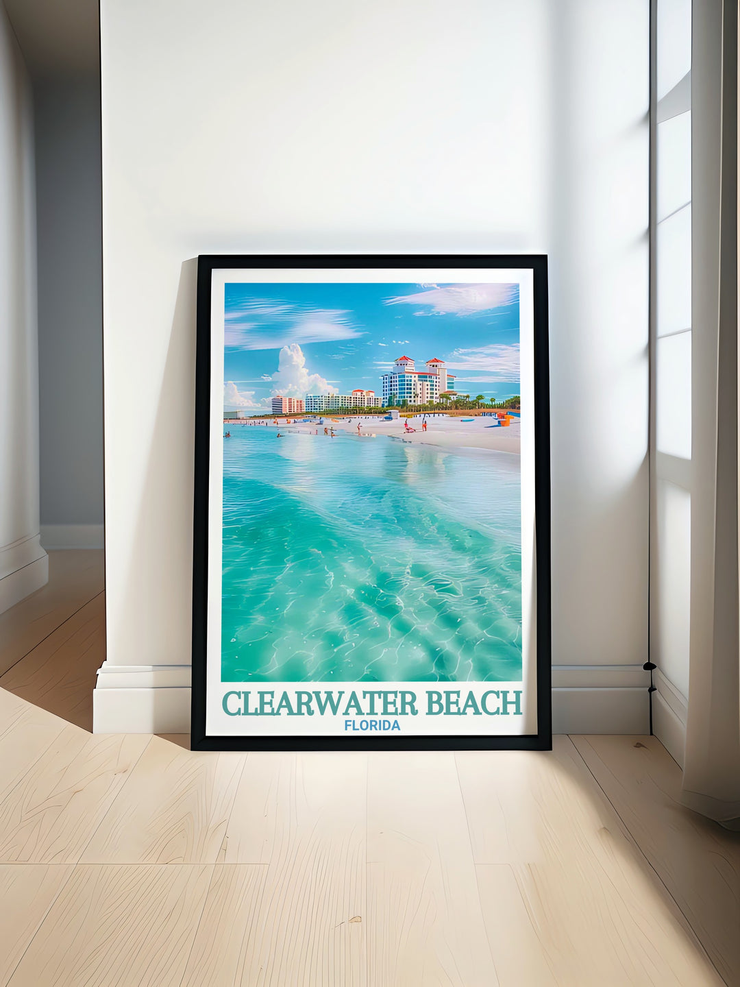 Clearwater Beach art print showcasing the stunning white sand beaches and serene ocean views. Perfect for adding Florida travel art to your home and creating a peaceful atmosphere. This modern print brings Clearwater Beach right into your living room.