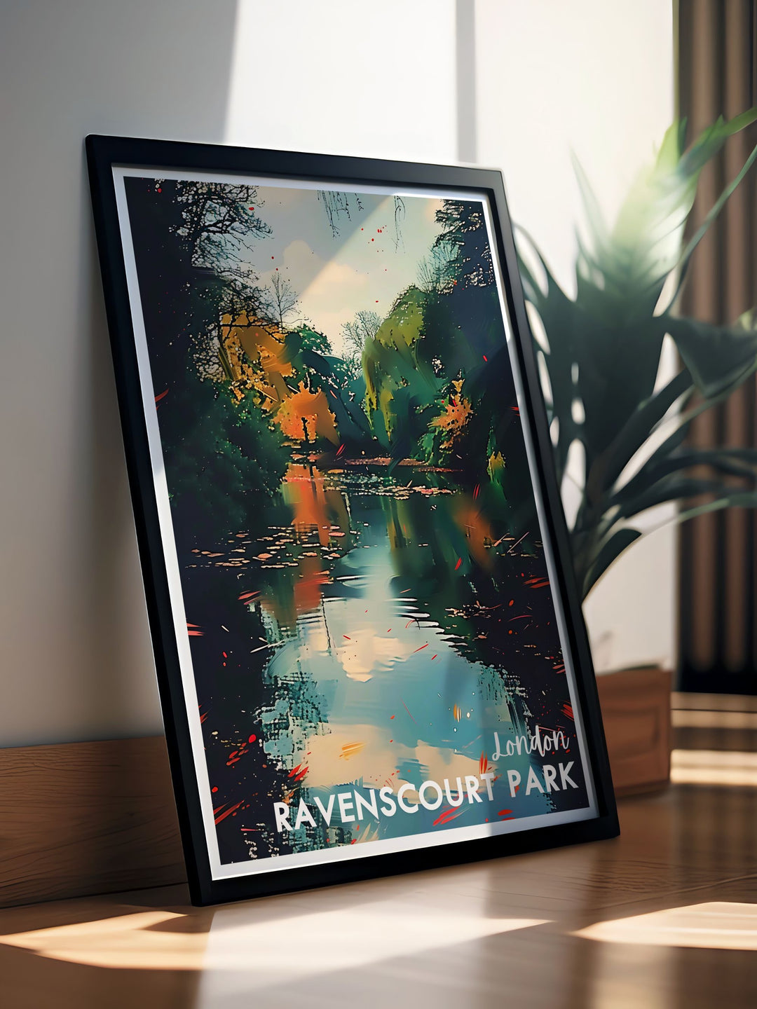 Vintage Ravenscourt Park Lake Print highlighting the serene lake and picturesque scenery. Ideal for travel enthusiasts and art lovers, this London Travel Print brings a touch of vintage elegance and peaceful charm to any room, reflecting the timeless beauty of nature in the city.