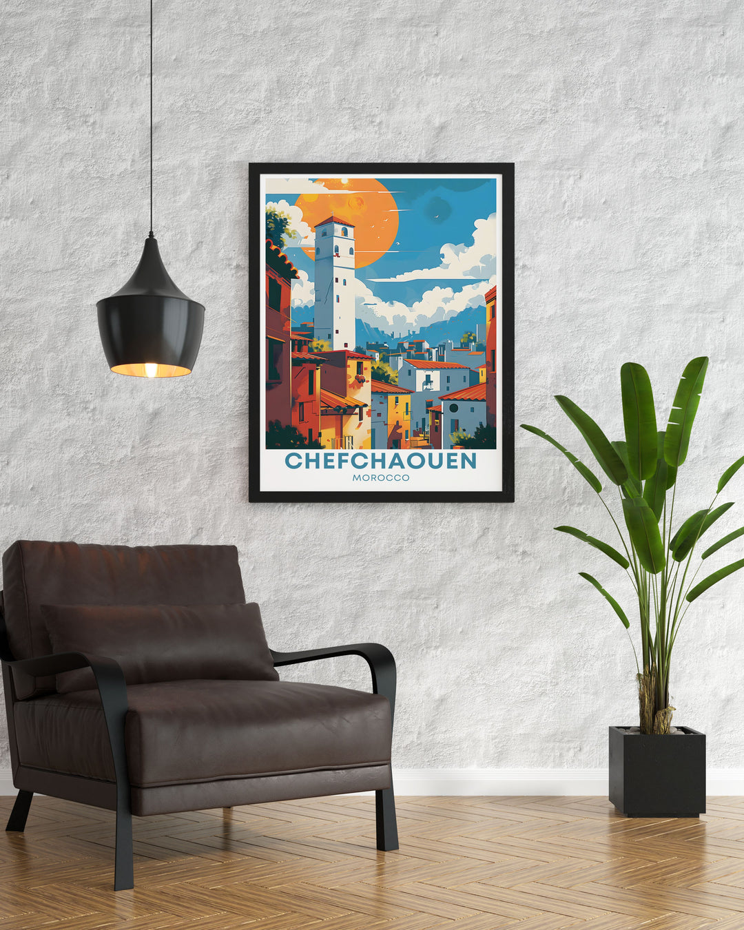 Capture the essence of Chefchaouen with this stunning wall art print, featuring the towns blue washed streets and vibrant atmosphere. The picturesque Blue City of Chefchaouen is beautifully illustrated in this travel poster, ideal for enhancing any room with Moroccan charm.