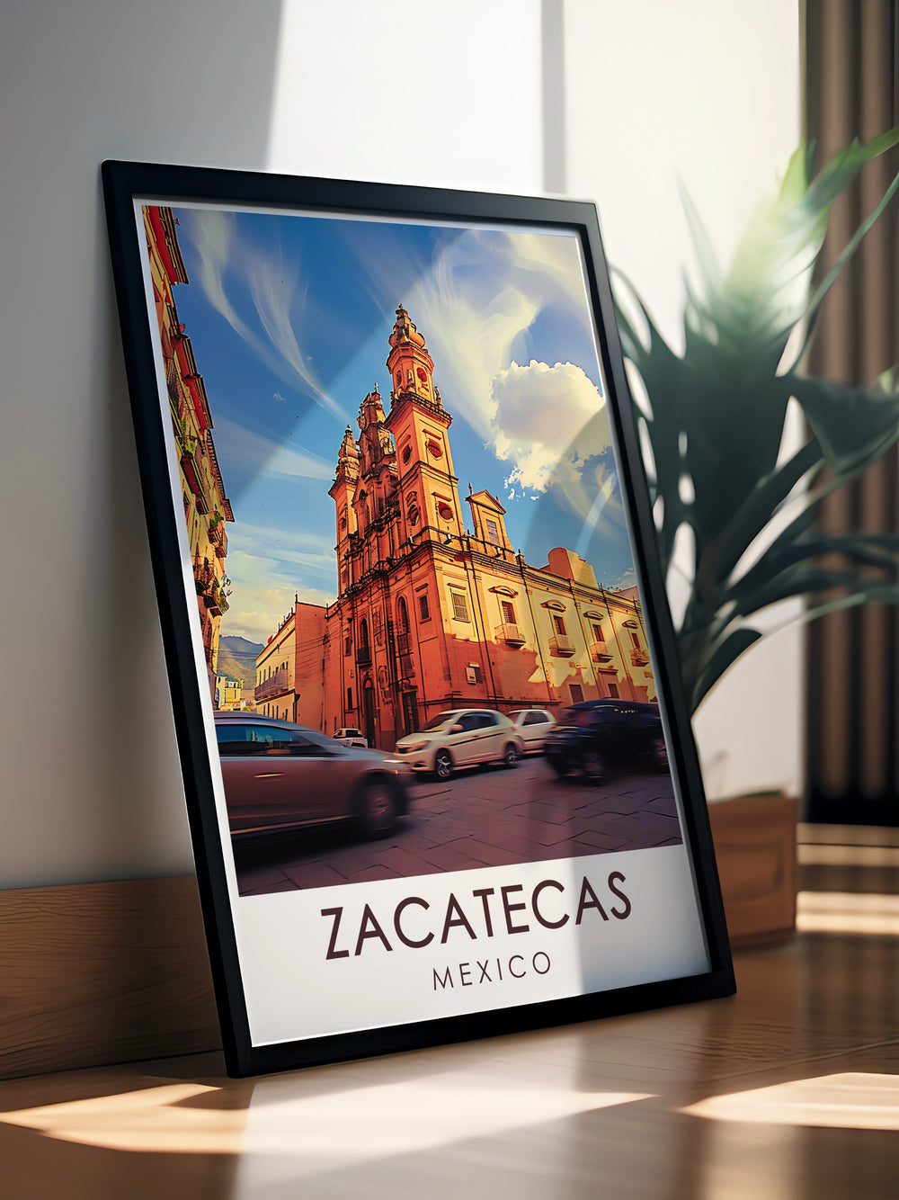 This travel poster artfully combines the architectural brilliance of Zacatecas Cathedral with the rich culture of the city. Perfect for home decor, it celebrates the unique stories and beauty of these iconic landmarks.