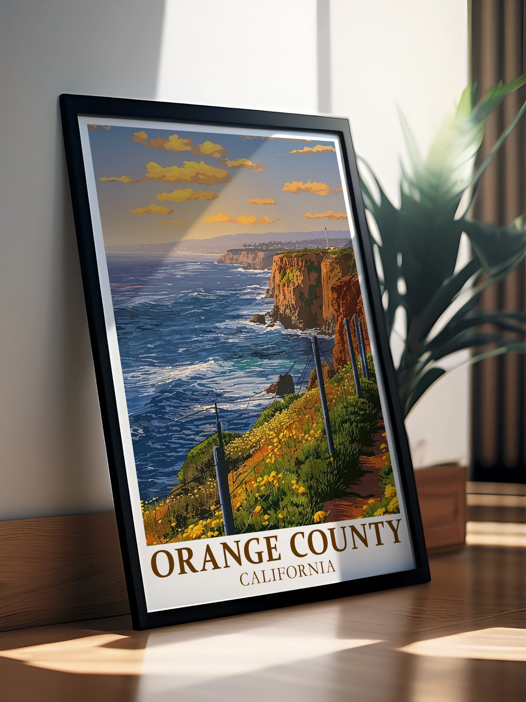 Orange County poster print featuring the stunning Dana Point Headlands, capturing the sweeping ocean views and natural beauty of Southern California. This travel print offers a minimalist design that brings the peaceful scenery of Orange County into your home. Available as a digital download or framed art for any personalized gift.