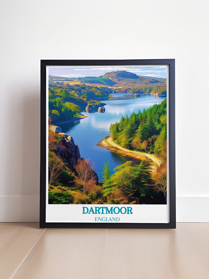 Travel poster featuring the tranquil Burrator Reservoir, highlighting its serene waters and lush surroundings within Dartmoor National Park.
