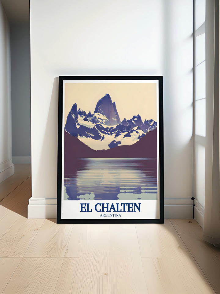 This El Chaltén Poster Print beautifully captures the stunning landscape of Mount Fitz Roy and Laguna de los Tres in Patagonia, Argentina. Perfect for adventurers and those who appreciate the rugged beauty of South Americas wilderness.