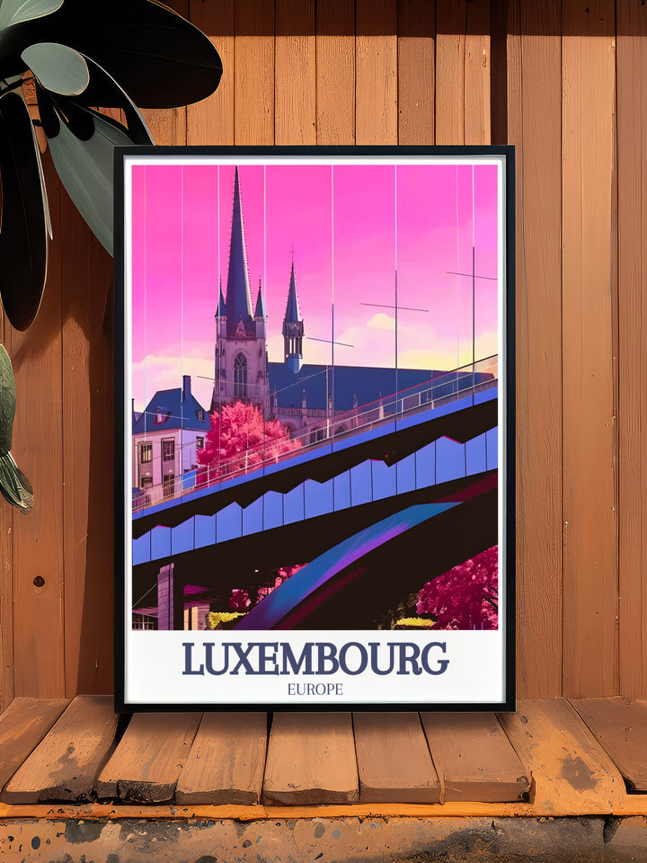 Notre Dame Cathedral Canvas Art highlights the intricate details of Luxembourgs most famous landmarks, including the Adolphe Bridge. This travel poster brings the citys grandeur to your walls, offering a piece of its cultural heritage for your space.