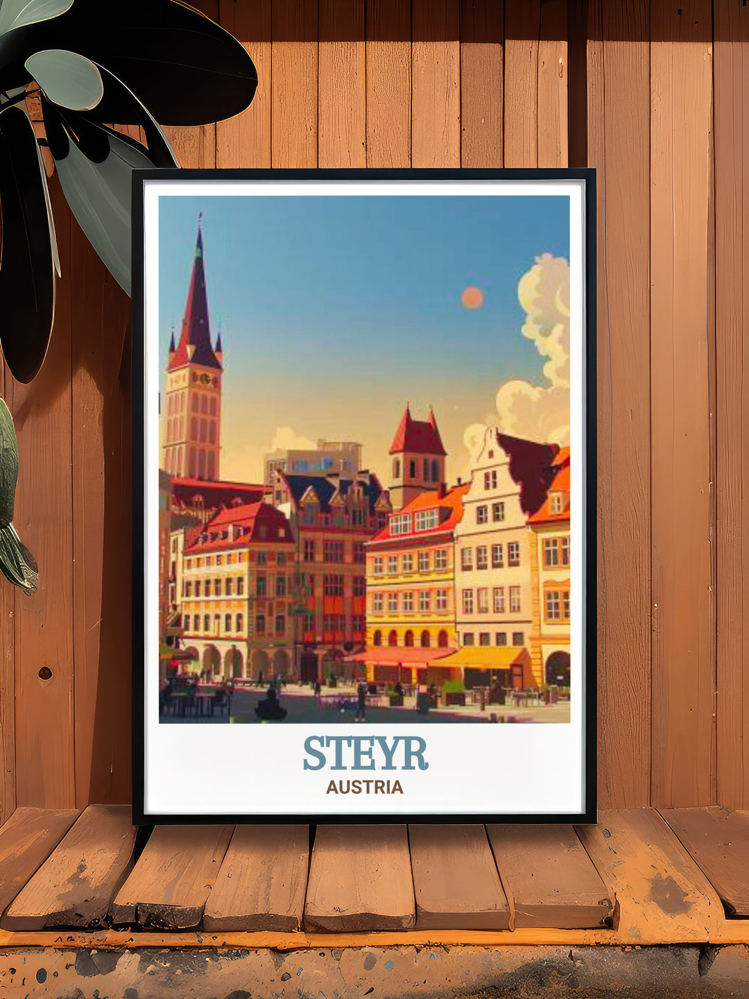 Artistic depiction of Bummerlhaus in Steyr, Austria, highlighting the buildings significance as a Gothic architectural landmark. This wall art is an excellent choice for those who admire historical architecture and want to celebrate Austrias rich cultural heritage.