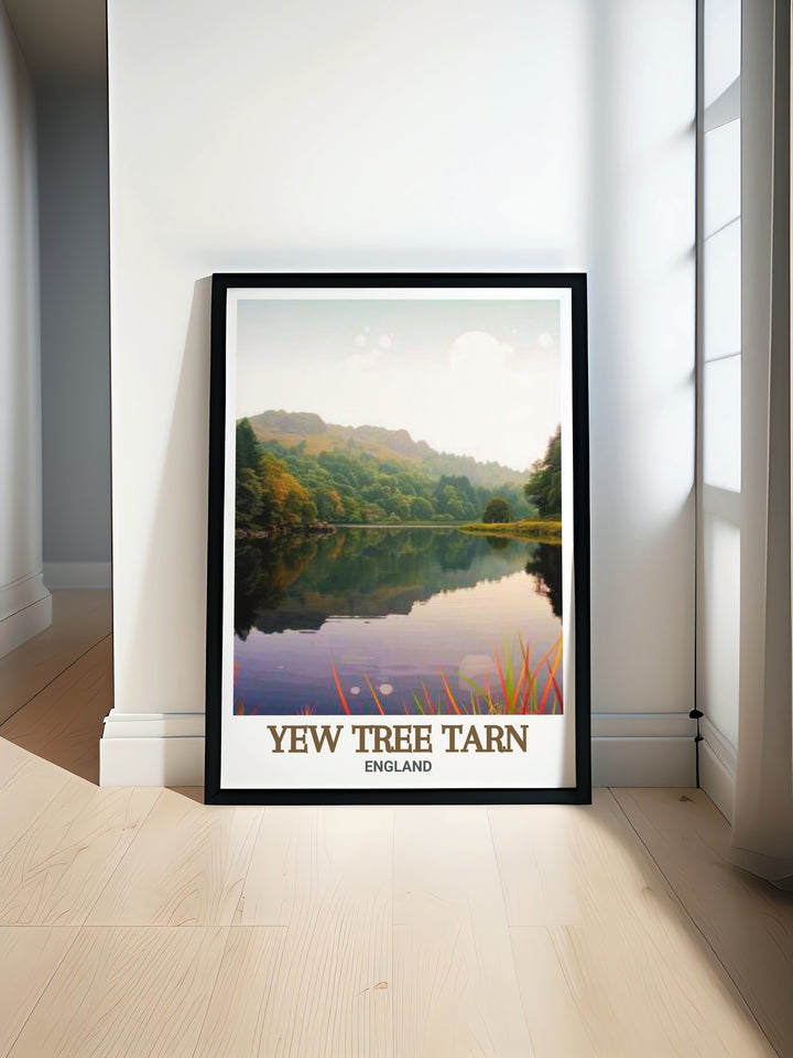 Yew Tree Tarn travel print, capturing the timeless beauty and calmness of this Lake District gem. This poster is designed to bring a sense of peace and natural splendor to your home decor.