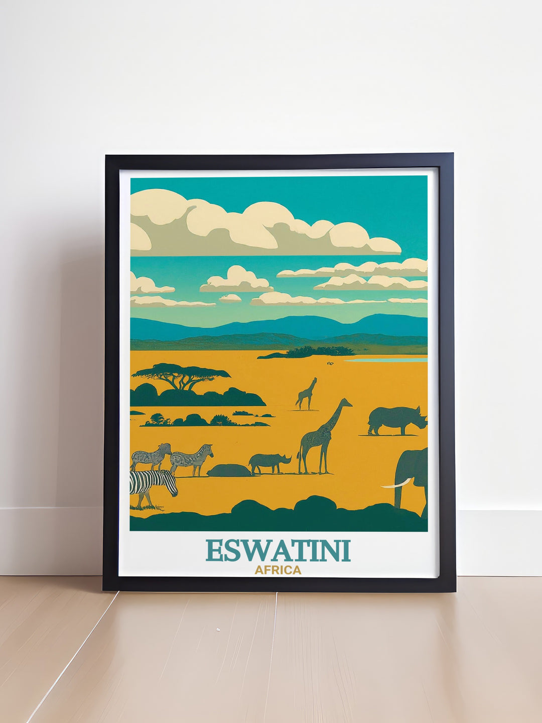 Eswatini art print brings the beauty of southern Africa to life, featuring the untamed wilderness of Hlane Royal National Park. This travel poster is perfect for those who appreciate the majesty of African wildlife and serene landscapes, making a great addition to any room.