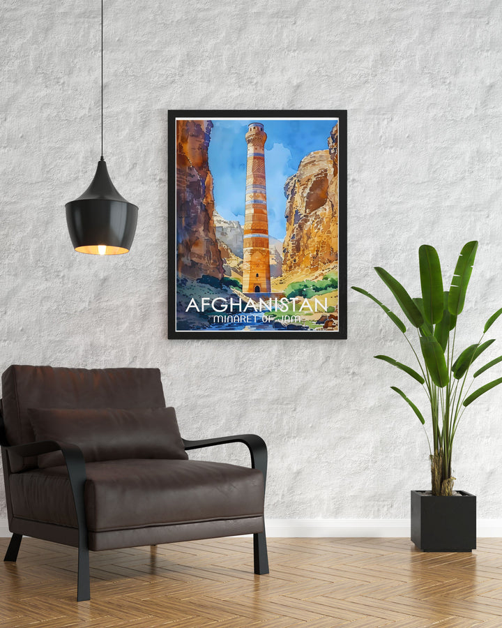 Fine line print of Minaret of Jam showcasing the rich cultural heritage of Afghanistan a timeless piece that adds depth and character to any home decor