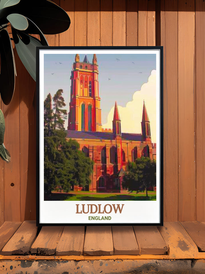 This Ludlow art print offers a beautiful depiction of St Laurences Church, highlighting its Gothic design and the charm of Ludlows historic streets. Its a perfect addition to any English heritage lovers art collection.