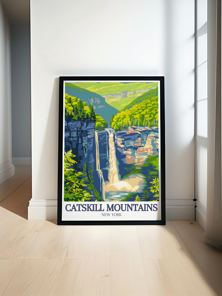 Kaaterskill Falls and Spruce Creek modern prints showcasing the natural beauty of New York State. This Catskill Mountains travel poster adds elegance to any home decor with vibrant colors and intricate details of these iconic landmarks.