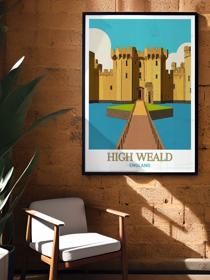 Vintage travel print of High Weald and Bodiam Castle offering a picturesque view of the British countryside ideal for creating a peaceful and nostalgic atmosphere in your living room or as part of your collection of vintage inspired national park posters.