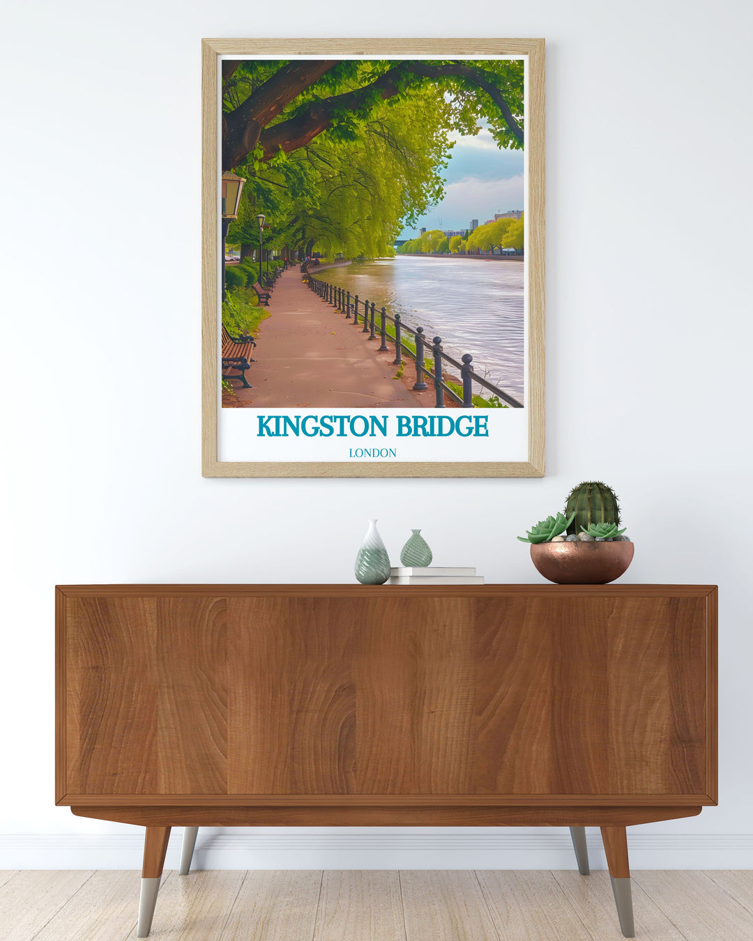 The travel poster of Kingston Bridge brings the historical depth and picturesque environment of this iconic structure into your home, emphasizing its architectural beauty.