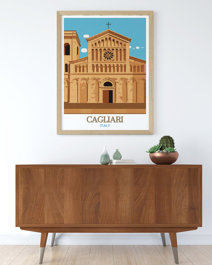 Italy Framed Art showcases the magnificent Cathedral of Santa Maria in Cagliari, with its detailed architecture and serene Mediterranean backdrop. This framed art piece adds a timeless touch to any collection of Italian travel art.