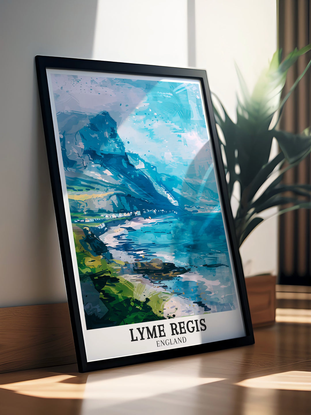 This Lyme Regis poster print captures the breathtaking beauty of Charmouth Ledge and Charmouth Beach along Englands Jurassic Coast. The artwork showcases the rugged cliffs and tranquil shoreline, making it a perfect addition for anyone who loves coastal landscapes and the natural beauty of England.